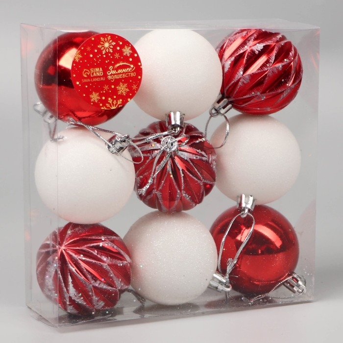 Набор шаров пластик d-5,5 см, 9 шт Набор шаров пластик d-5,5 см, 9 шт "Гармония" грани, красный белый