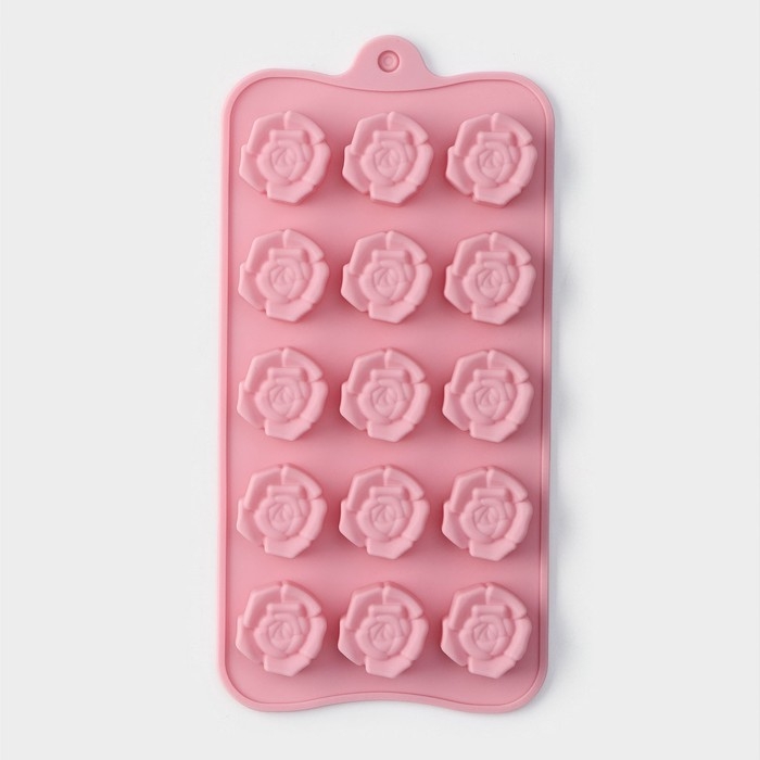 Форма для конфет и шоколада Доляна «Розочки», силикон, 20,5×10,5×1,5 см, 15 ячеек (3×3 см), цвет розовый