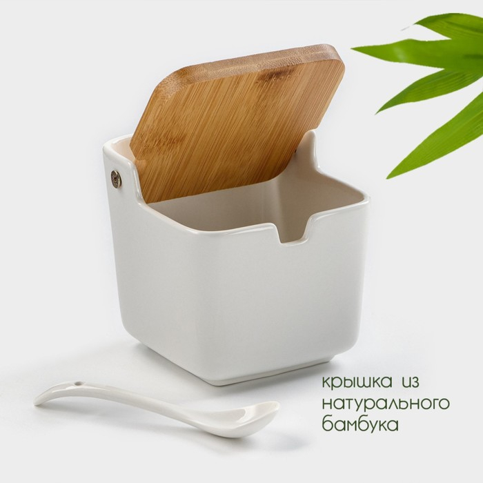 Банка для хранения сыпучих продуктов с ложкой BellaTenero, 280 мл, 9×9,5 см, с бамбуковой крышкой, фарфоровая, цвет белый