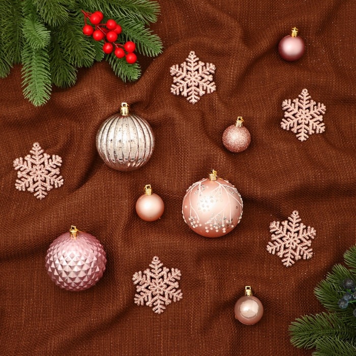 Набор украшений пластик 30 шт Набор украшений пластик 30 шт "Торжество" d- 7 и 3,5 см, снежинка-6,5 см, бежевый розовый