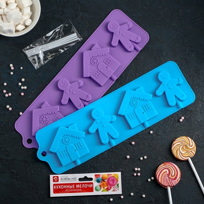 Форма для леденцов новогодняя Доляна «Дом для имбирного пряника», силикон, 31×9 см, 4 ячейки, с палочками, цвет МИКС Форма для леденцов новогодняя Доляна «Дом для имбирного пряника», силикон, 31×9 см, 4 ячейки, с палочками, цвет МИКС