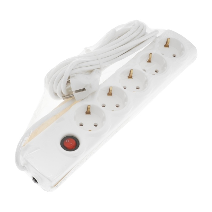 Сетевой фильтр Luazon Lighting, 5 розеток, 5 м, 3500 Вт, 3х1 мм2, 16 A, 220 В, c предохранителем, белый