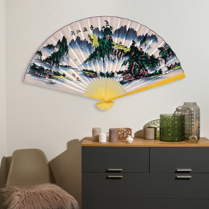 Веер бамбук, текстиль h=90 см  Веер бамбук, текстиль h=90 см "Река и горы" белый