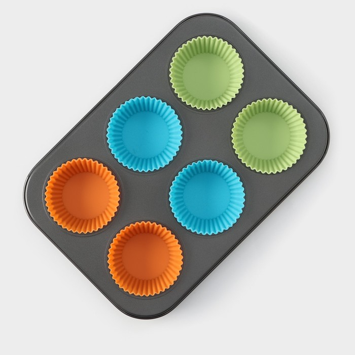 Форма для выпечки Доляна «Силикон плюс», 27×18,5 см, 6 ячеек, силиконовые вкладки, антипригарное покрытие, цвет формочек МИКС Форма для выпечки Доляна «Силикон плюс», 27×18,5 см, 6 ячеек, силиконовые вкладки, антипригарное покрытие, цвет формочек МИКС