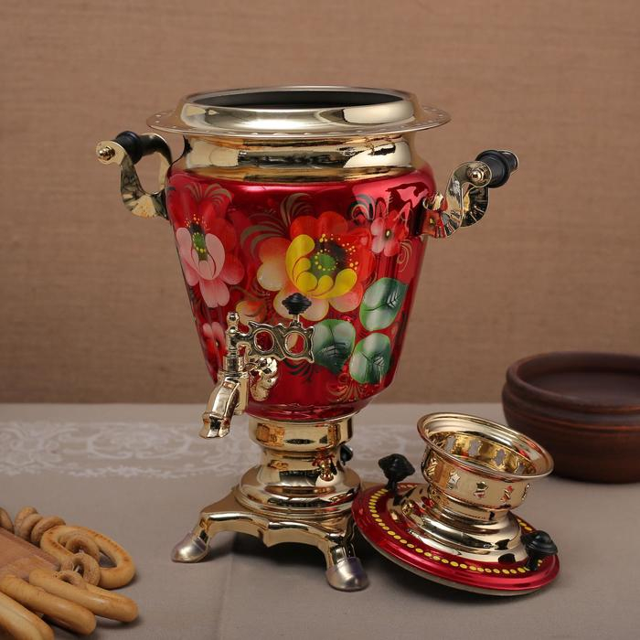 Самовар «Жостово на красном», рюмка, 3 л, электрический Самовар «Жостово на красном», рюмка, 3 л, электрический