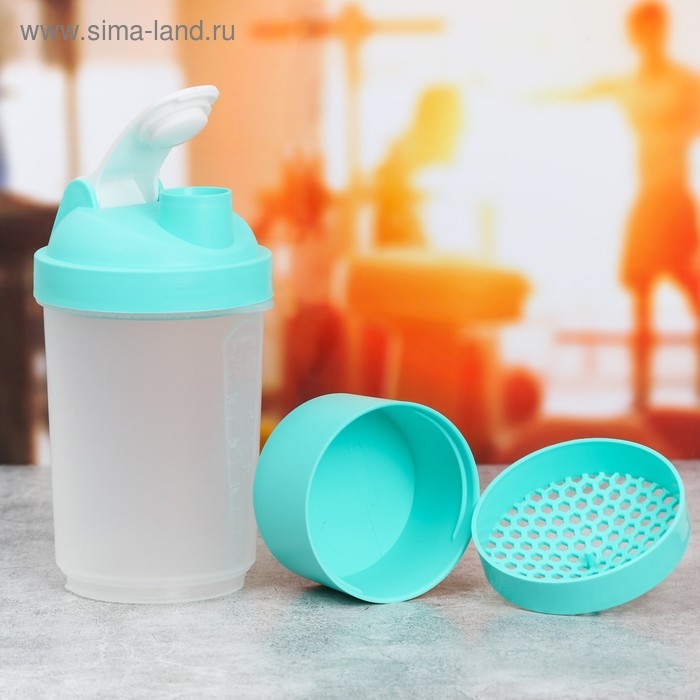 Шейкер спортивный с чашей под протеин, бирюзово-белый, 500 мл Шейкер спортивный с чашей под протеин, бирюзово-белый, 500 мл