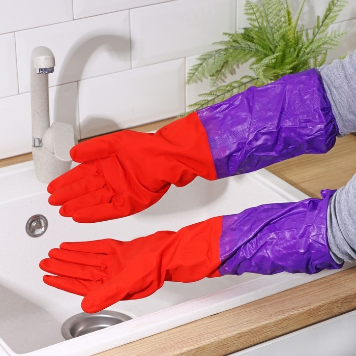 Перчатки хозяйственные с утеплителем Доляна, размер L, резиновые, длинные манжеты, цвет красный Перчатки хозяйственные с утеплителем Доляна, размер L, резиновые, длинные манжеты, цвет красный