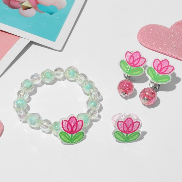 Набор детский «Выбражулька» 3 предмета: клипсы, браслет, кольцо, цветы тюльпаны, цветной Набор детский «Выбражулька» 3 предмета: клипсы, браслет, кольцо, цветы тюльпаны, цветной