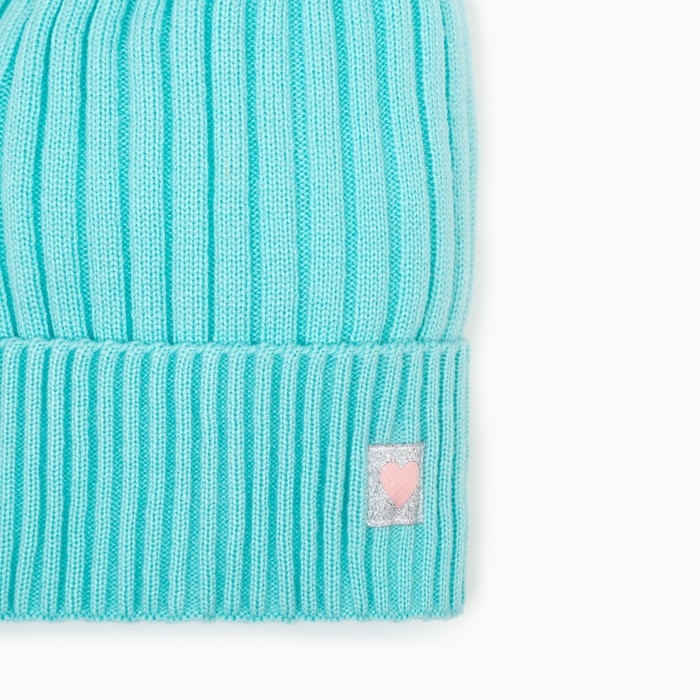 Шапка вязаная для девочки, цвет мятный/сердечко, размер 52-56