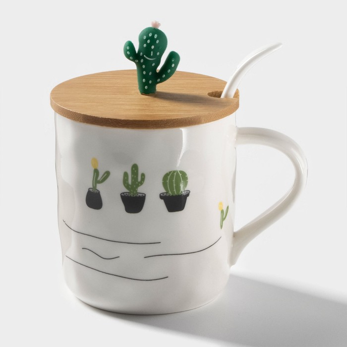 Кружка керамическая с деревянной крышкой и ложкой &laquo;Кактус&raquo;, 380 мл, цвет МИКС