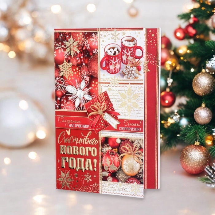 Открытка Открытка "Счастливого Нового Года!" конгрев, тиснение, красный фон, 12,5 х 19,4 см