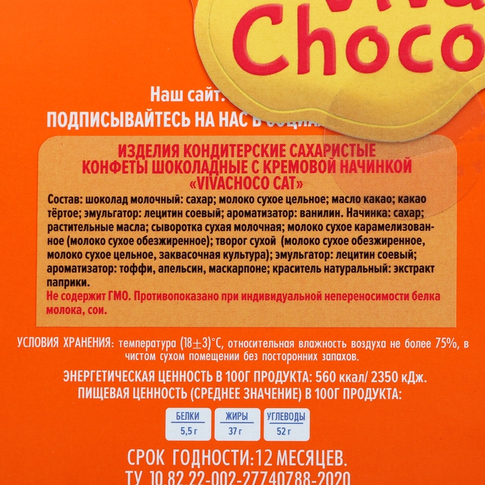 Конфеты шоколадные с кремовой начинкой «VivaChoco CAT», апельсин. 170 г Конфеты шоколадные с кремовой начинкой «VivaChoco CAT», апельсин. 170 г