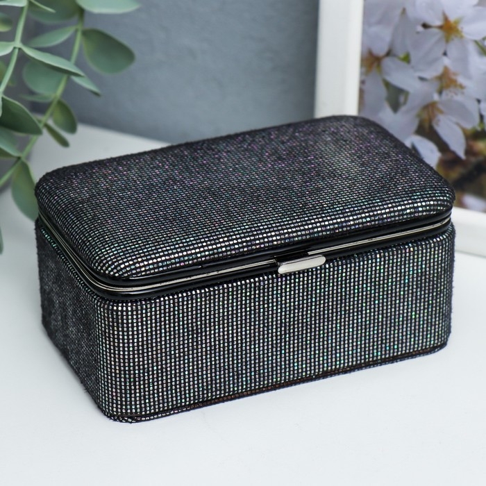 Шкатулка кожзам для украшений  Шкатулка кожзам для украшений "Мелкие квадратики. Чёрное серебро" 6х7х12 см