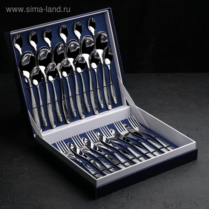 Набор столовый «Лира», 30 предметов, декоративная коробка, цвет серебряный Набор столовый «Лира», 30 предметов, декоративная коробка, цвет серебряный