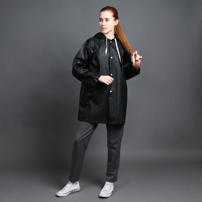 Дождевик взрослый укороченный GOOD VIBE, на кнопках, цвет чёрный, размер 42-48 Дождевик взрослый укороченный GOOD VIBE, на кнопках, цвет чёрный, размер 42-48