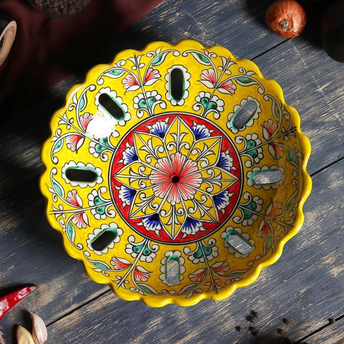 Фруктовница Риштанская Керамика Фруктовница Риштанская Керамика "Цветы", 23 см, жёлтая