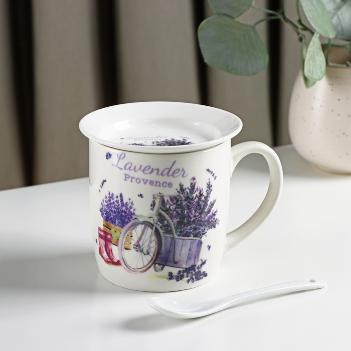 Кружка керамическая с ложкой на подставке &laquo;Лаванда&raquo;, 330 мл, рисунок МИКС