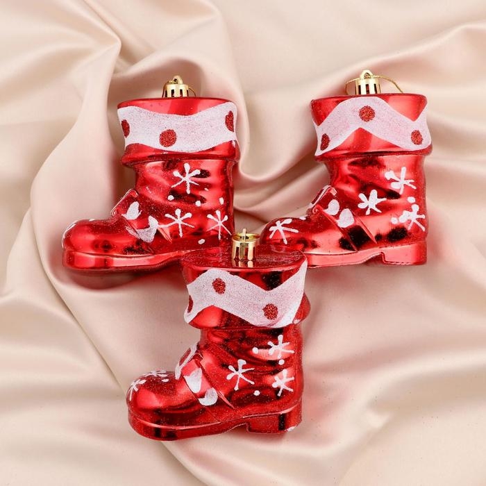 Украшение ёлочное Украшение ёлочное "Ботинок" (набор 3 шт) 8х8 см, бело- красный