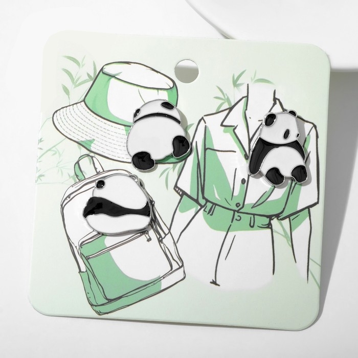 Набор значков (3шт) Набор значков (3шт) "Панды", цвет чёрно-белый в серебре