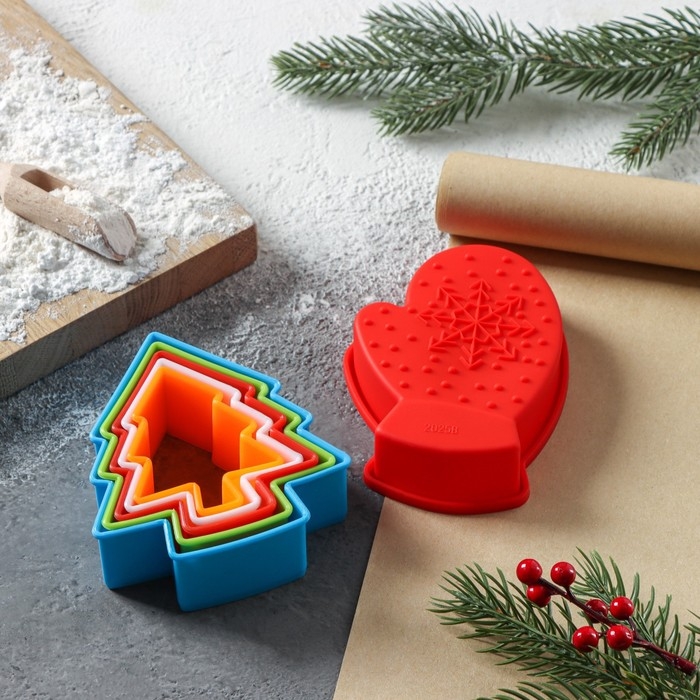 Набор для выпечки новогодний Доляна «Новогодняя», 6 предметов: форма для выпечки, набор форм для вырезания печенья 5 шт Набор для выпечки новогодний Доляна «Новогодняя», 6 предметов: форма для выпечки, набор форм для вырезания печенья 5 шт