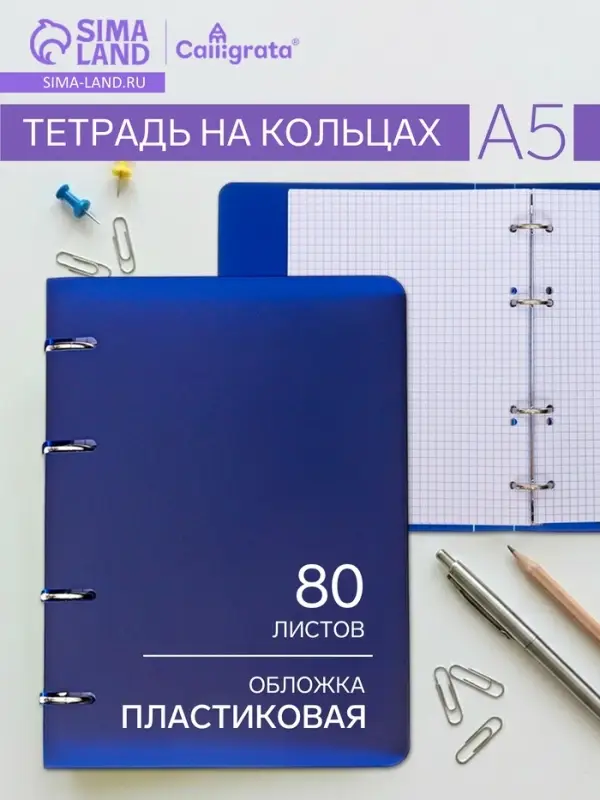 Тетрадь на кольцах Calligrata A5, 80 листов, в клетку, пластиковая обложка, блок офсет, синяя