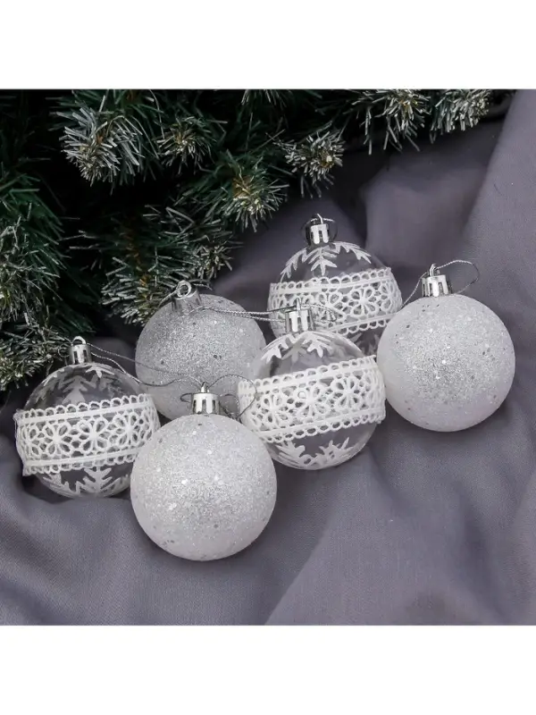 Ёлочные игрушки &laquo;Изморозь&raquo;, шары новогодние, d=6 см, набор 6 шт., кружева, белый