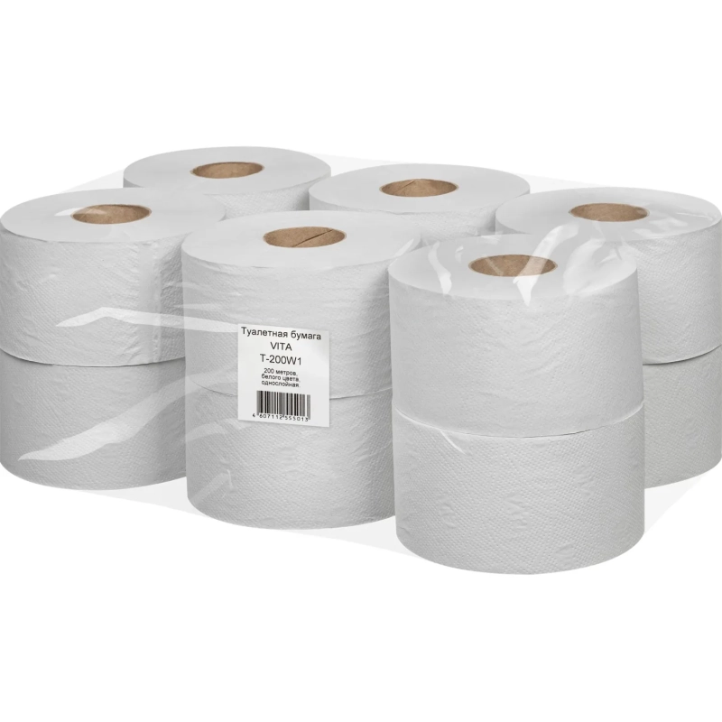 Бумага туалетная д/дисп 1сл белая втор втул 200м 12рул/уп_200W1
