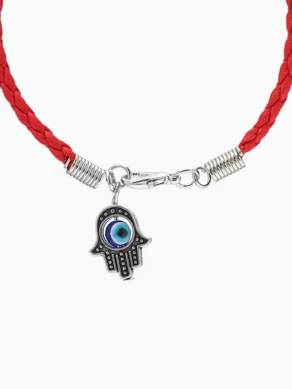 Браслет-оберег &laquo;Красная нить&raquo;, рука счастья Хамса на застёжке, синий в чернёном серебре, 19 см
