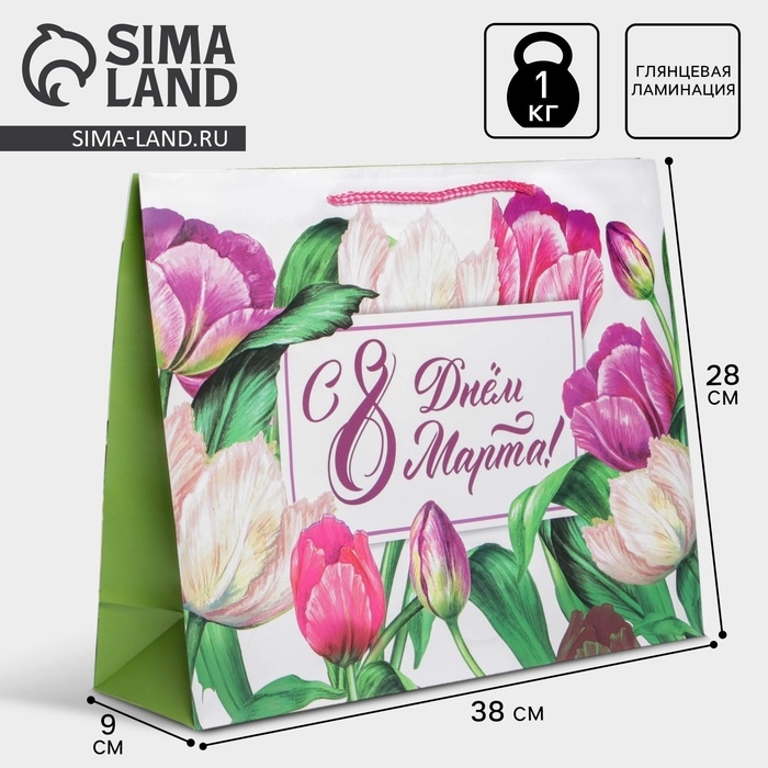 Пакет подарочный ламинированный горизонтальный, упаковка, «С днём 8 марта», L 28 х 38 х 9 см Пакет подарочный ламинированный горизонтальный, упаковка, «С днём 8 марта», L 28 х 38 х 9 см