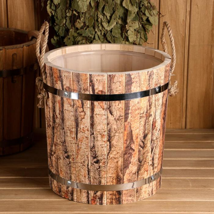 Запарник из липы, 13 л, пластиковая вставка, нержавеющий обод, ручки веревки,  Запарник из липы, 13 л, пластиковая вставка, нержавеющий обод, ручки веревки, "Кора тёмная"