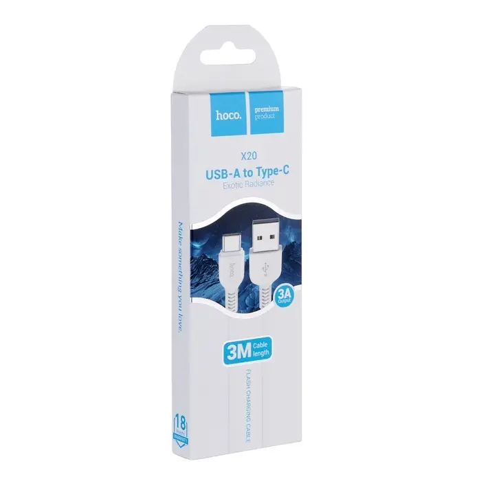Кабель Hoco X20, Type-C - USB, 3 А, 3 м, PVC оплетка, белый