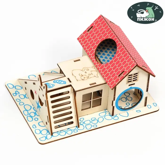 Комплекс-площадка для грызунов, 19&times;14 см, 2 домика и горка, фанера