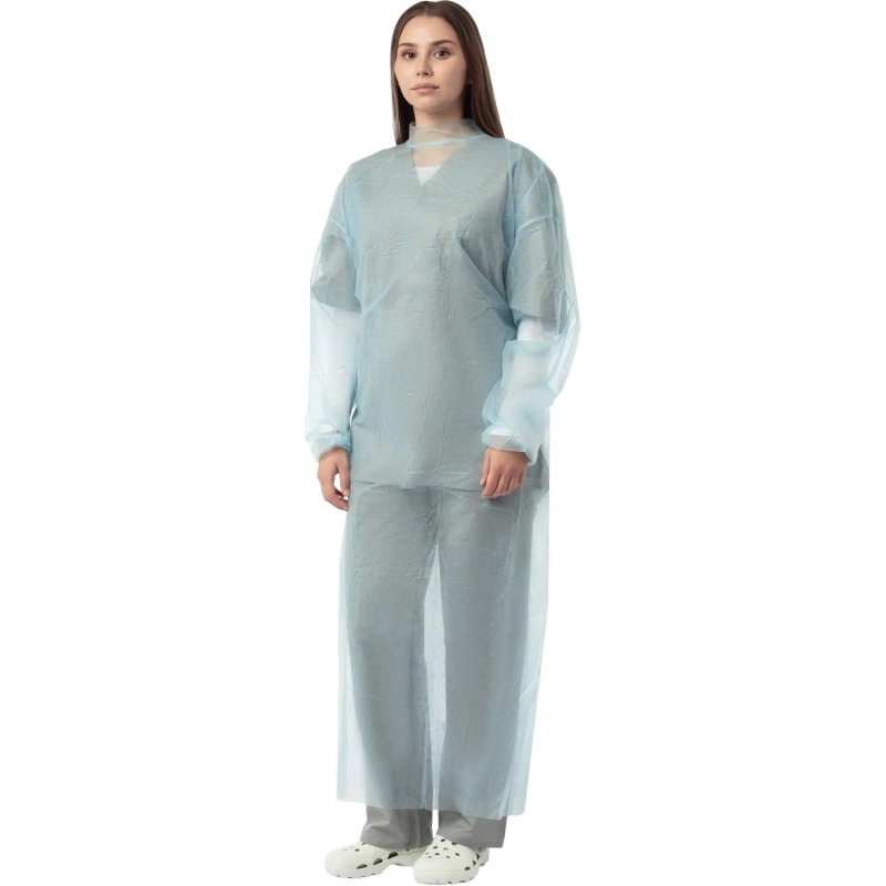 Халат н/с , на завязк, рук.рез, дл.110см, XL, пл 20, голуб, 10 шт/уп