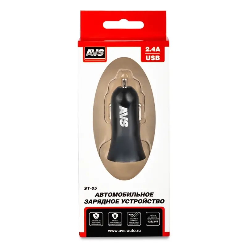 Автомобильное ЗУ AVS ST-05, 1 USB, 2.4 А, 12 Вт (A07980S)