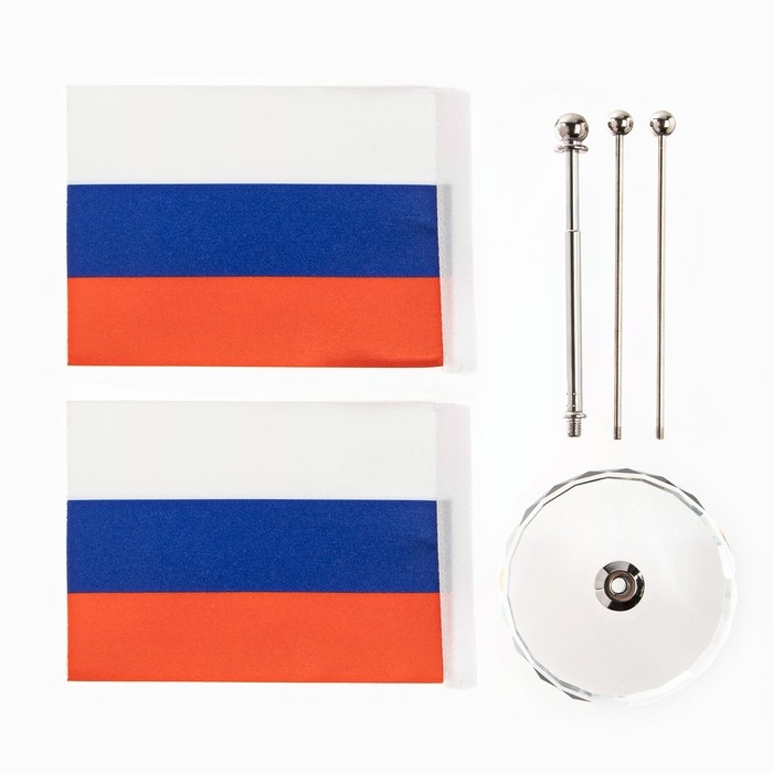 Флаг России настольный, на подставке, с двумя флажками 8 х 11 см, круг, 16.5 х 12 см Флаг России настольный, на подставке, с двумя флажками 8 х 11 см, круг, 16.5 х 12 см
