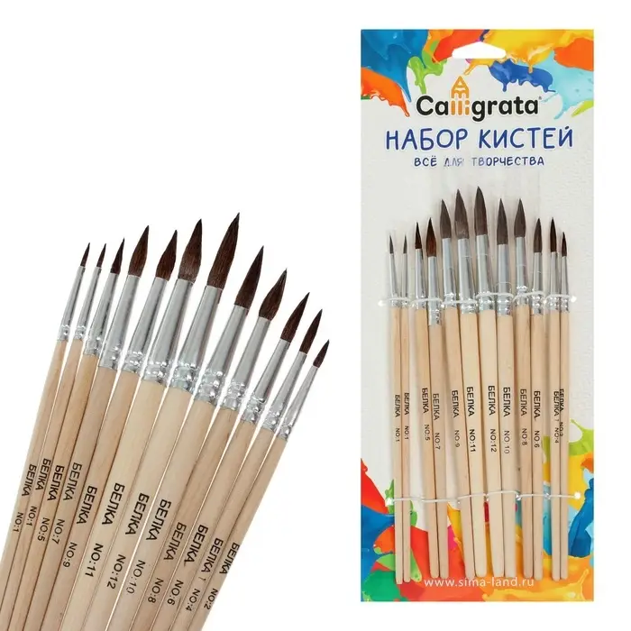 Набор кистей для рисования, белка, 12 штук: № 1, 2, 3, 4, 5, 6, 7, 8, 9, 10, 11, 12, круглые, деревянная ручка, международный размер
