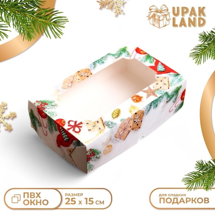 Новый год. Коробка складная, кондитерская упаковка с окном  Новый год. Коробка складная, кондитерская упаковка с окном "Новогодние подарки", 25 х 15 х 7 см