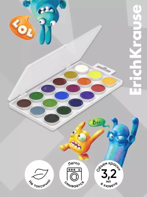 Акварель 18 цветов, ErichKrause Jolly Friends, без кисти, пластиковая коробка, европодвес