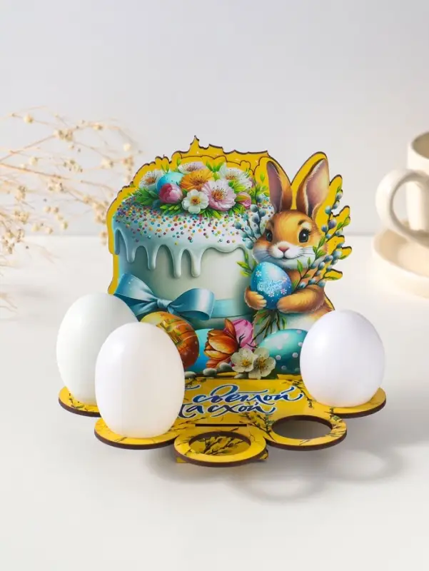 Подставка пасхальная на 5 яиц "Зайка" желтая.   17х14х10 см