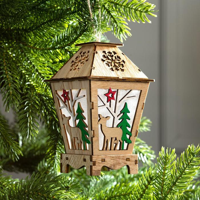 Ёлочная игрушка «Фонарь с оленем», от батареек, свечение тёплое белое Ёлочная игрушка «Фонарь с оленем», от батареек, свечение тёплое белое