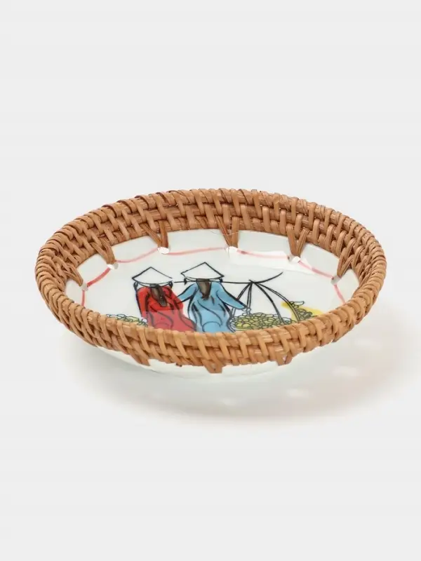 Тарелка керамическая с ротангом, 13.5&times;13.5&times;3 см, МИКС