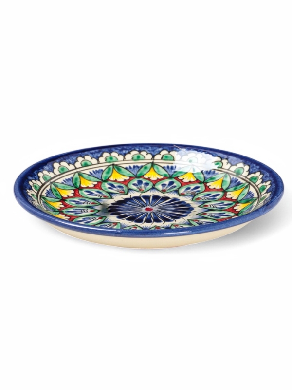 Тарелка Риштанская Керамика "Цветы", синяя, плоская, 15 см