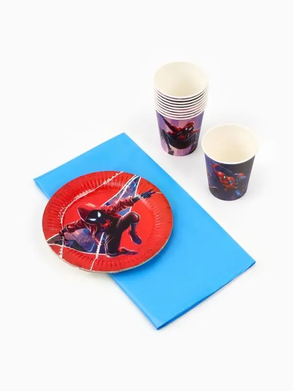 Посуда одноразовая бумажная на 10 персон: стаканы, тарелки, скатерть, Человек Паук Посуда одноразовая бумажная на 10 персон: стаканы, тарелки, скатерть, Человек Паук