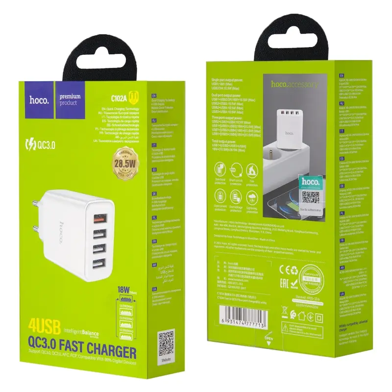 Переходник C102A СЗУ на 4 USB 18W HOCO белый Переходник C102A СЗУ на 4 USB 18W HOCO белый
