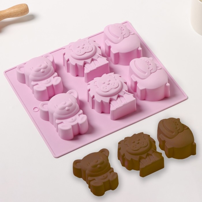 Форма для выпечки Доляна &laquo;Животные&raquo;, силикон, 24&times;20 см, 6 ячеек (6,5&times;4,5 см), цвет МИКС