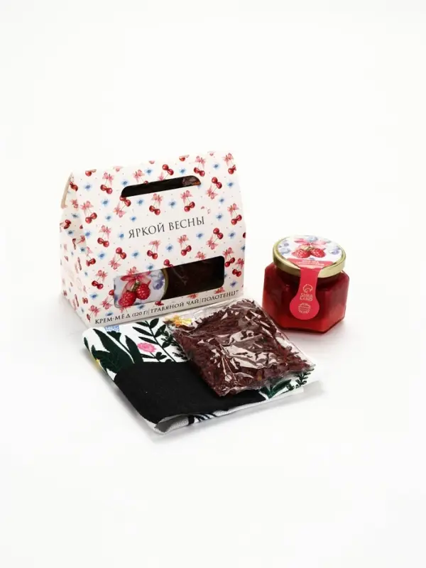 Набор с крем-мёдом, чаем и полотенцем в коробке "Весенний паттерн"