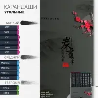 Карандаши угольные чёрные 12 шт. в наборе (мягкие 6 шт., средние 4 шт., твёрдые 2 шт.)
