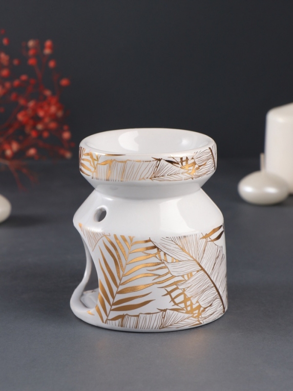 Аромалампа керамика Аромалампа керамика "Золотые пальмовые листья на белом" 9,8х9,8х11 см