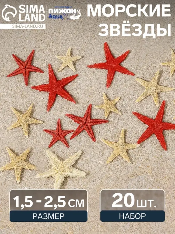 Набор натуральных морских звезд, 1.5 - 2.5 см, 20 шт., красные - белые