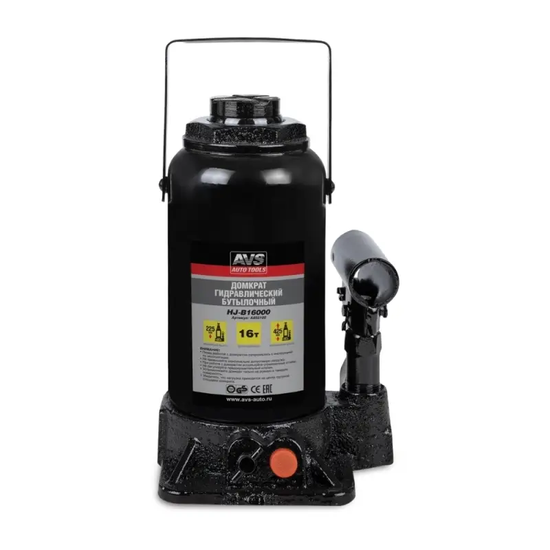 Домкрат гидравлический AVS HJ-B16000, 16т, 225-425мм. с клапаном (сумка, ремкомплект)